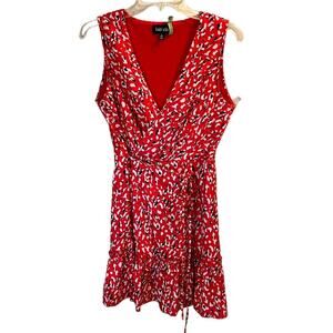 fab'rik Leopard Print Mini Wrap Dress Womens Small Red White Black Ruffle Hem